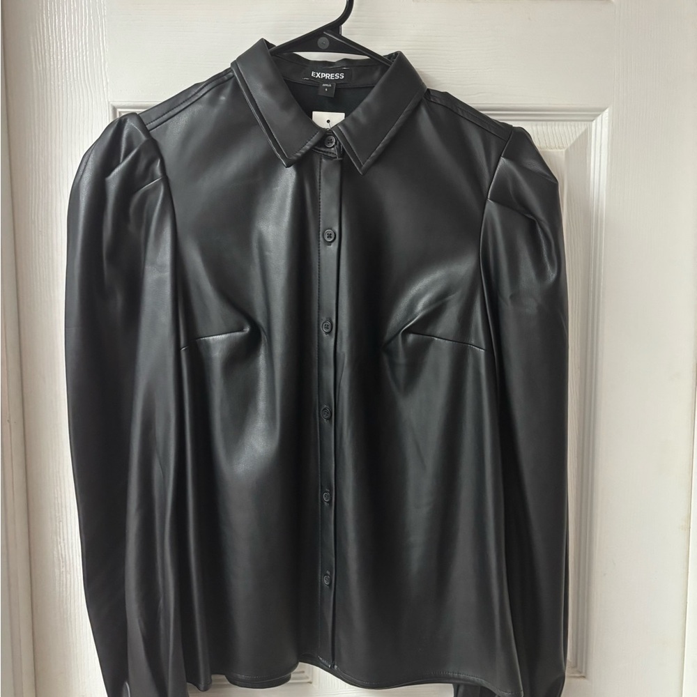 Express Black Button-Up Faux Leather Blouse
